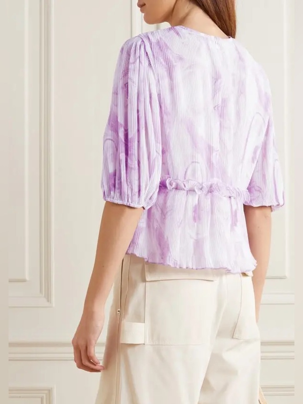 GANNI Ruffled Printed Plissé Georgette Peplum Blouse Purple Size 40